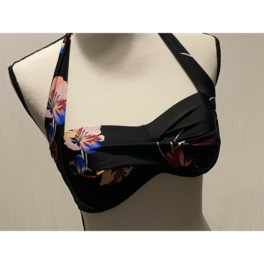 dip Womens Sz M Bikini Top Black Multicolor Florals Pleat Cross Halter Swimwear